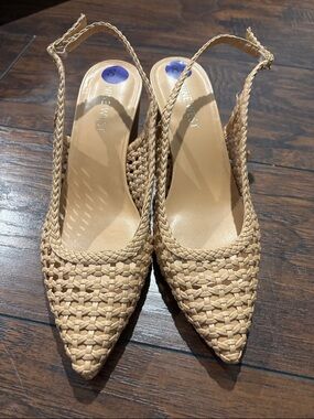 Nine West Tan Woven Pointed-Toe Slingback Flats